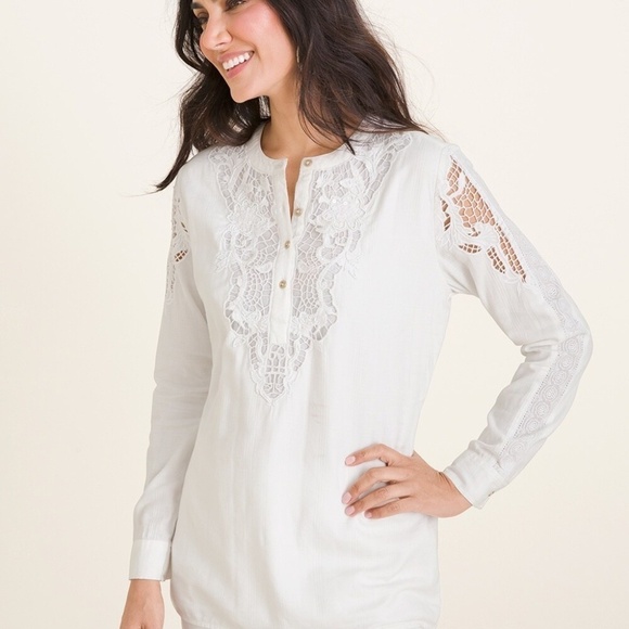 Chico’s crisp white long sleeve tunic jewel neck with cut out lace 3 (US16/18) - Picture 1 of 12